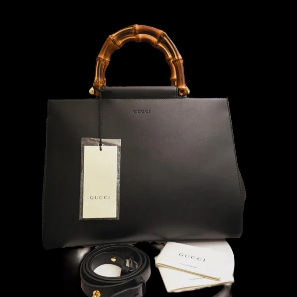 🔥 GUCCI Black Leather Nymphaea Medium Top Handle Bag NWT!